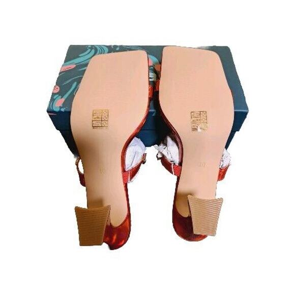 Vivianly Women's Square Open Toe Mid Block Heeled Sandals Red Rhinestone 10 - Picture 6 of 6